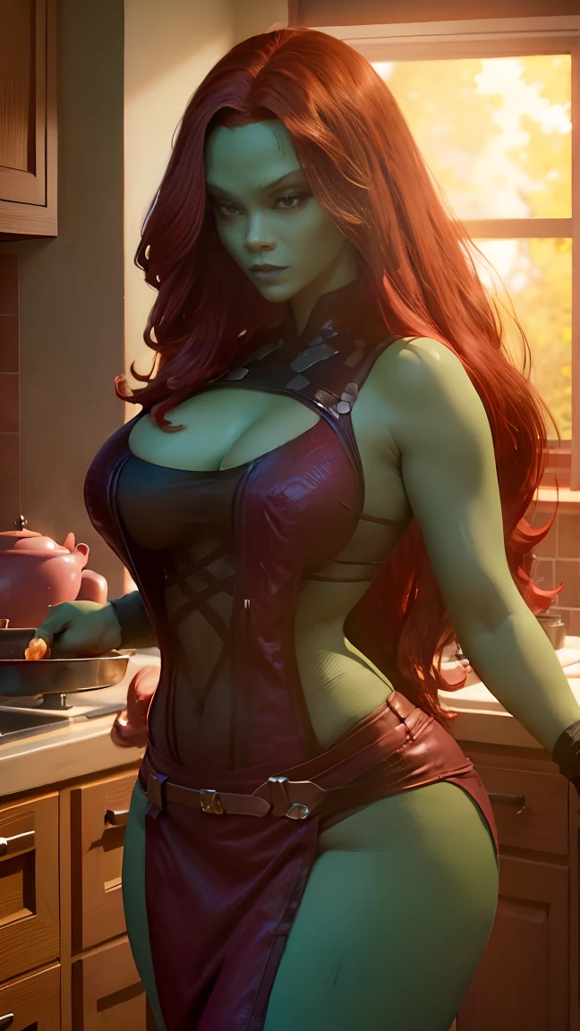 gamora (( full body low cut shirt)), (( long wavy red hair)),  seductive look ((very giant breasts very fat legs very giant buttocks wide hips slim waist )), ((  He is in his kitchen preparing food)) (( dressed in pink lingerie with rose-length thigh-length stockings)), posing in a very sexy and sensual way ,  is in your home kitchen , ((big breasts pretty buttocks  )),  large window good lighting ,  4K resolution , wide kitchen 4k 