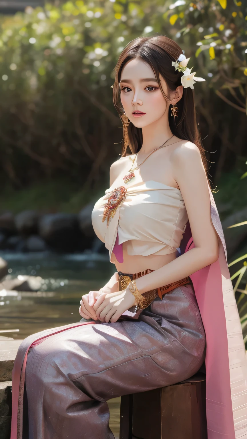 (RAW photos:1.2), (realistic:1.4), (Masterpiece:1.3), (best quality:1.4), Ultra high resolution, (Detailed eyes), (Detailed facial features), (Detailed clothing features), HDR, 8K resolution, focus only, Dressing according to Thai tradition, Traditional shawl , 1 woman , big breasts, A gigantic rift, big breastsดันเสื้อผ้า, big breast, Your breasts will grow to their full size...., Make your breasts bigger.., small waist, Long legs, Facing the audience, full body, depth of field, Cinema-grade lighting system, big breasts, Too big for your body, Revealing a flat stomach, The lower half of the chest can be seen...., Sexy sitting posture, Pictures from eye-catching angles, Correct picture composition, The picture is complete.., flowing waterfall, flowing river