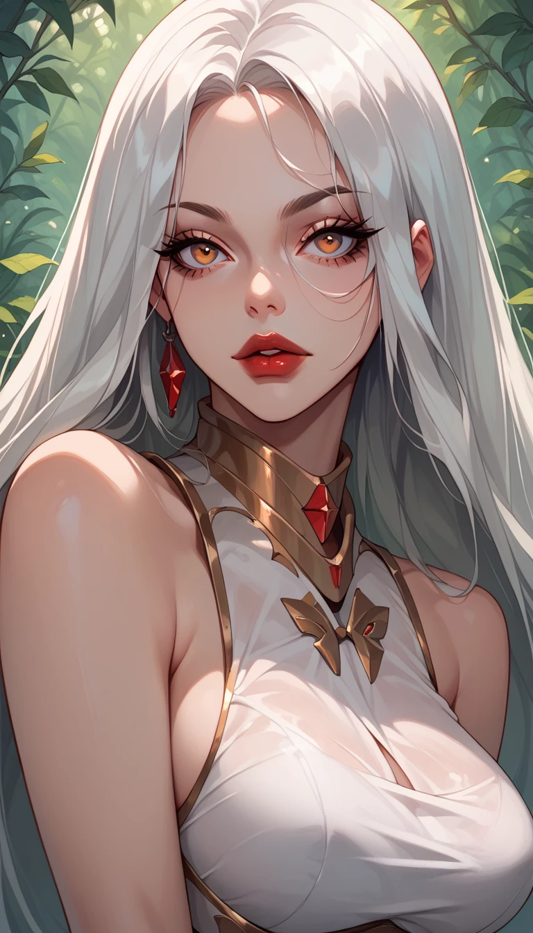  a beautiful and sensual woman ,breasts,Red lips,powerful look,large curves , Long silver hair , deep amber eyes,white armor, white silk cloth,,perfect anatomy,perfect body,