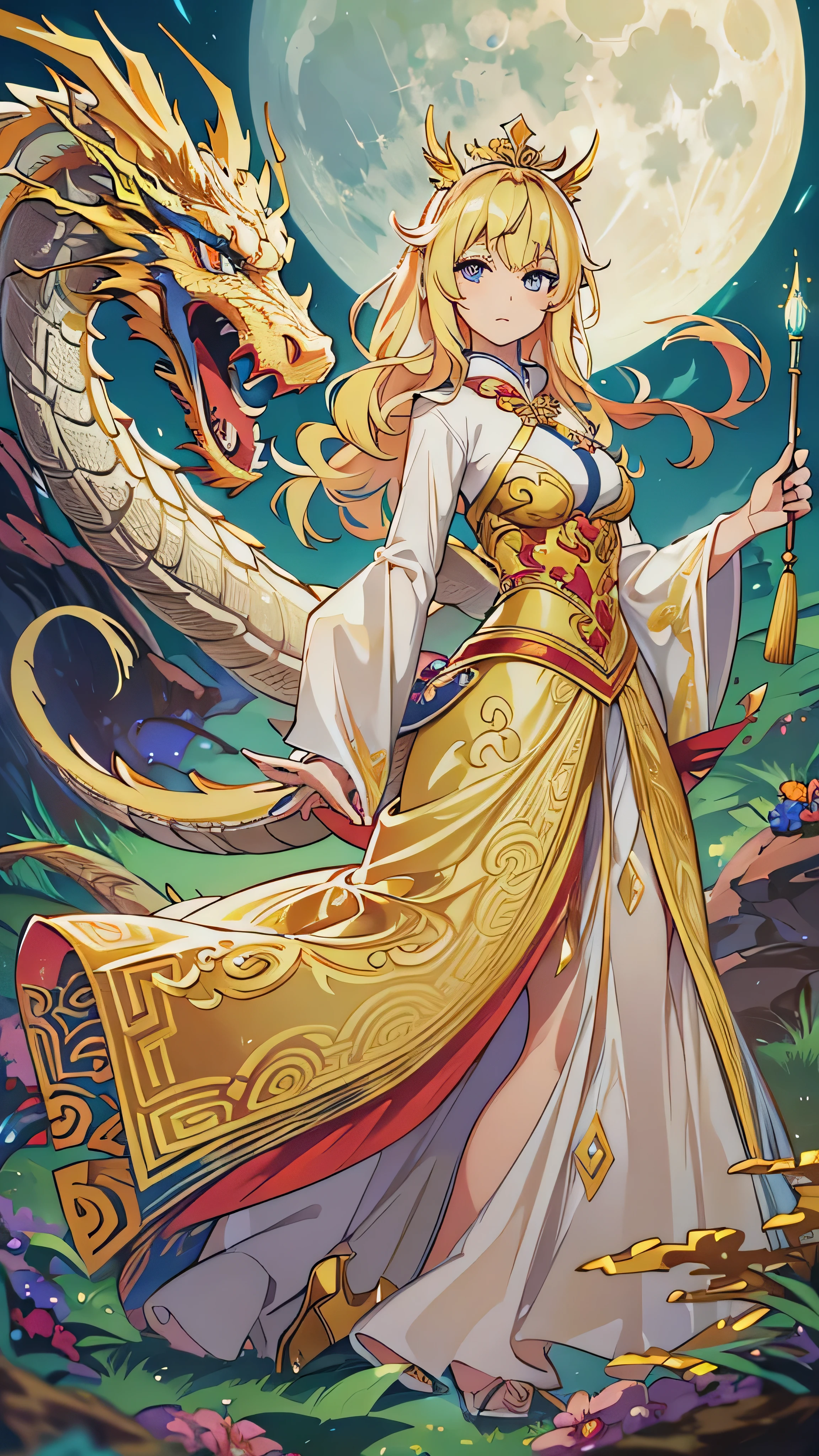  in high-definition images， princess ( maroon hair in the garden, I'm wearing a dark blue long dress,  holding a magic wand ), background (forest, moon), Golden Dragon (One, Five-clawed golden dragon,  Two Wings ), Princess riding a dragon