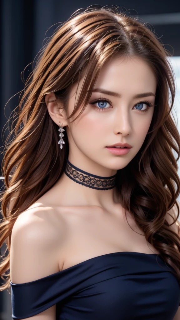 (masterpiece:1.4), (8K, realistic, Raw photo, highest quality: 1.4), Japanese, (1 girl), beautiful face, (realistic face:1.4), (caramel hair, long hair:1.3), beautiful hairstyle, detailed and beautiful eyes, Charm, ultra high resolution, surreal, very detailed, Best ratio, (detailed face:1.4), looking at the viewer, red lipstick, (Best ratio fingers:1.5), (blue eyes:1.0), realistic big breasts, (closed mouth:1.5), slender body, (I can see the whole body:1.5), fine skin, Lace Trim Dresses, deep low neck, cleavage, dynamic pose, fascinating, full length frame, High detail RAW color art, earrings, diffused soft lighting, shallow depth of field, sharp focus, hyper realism, cinematic lighting,cowboy shot