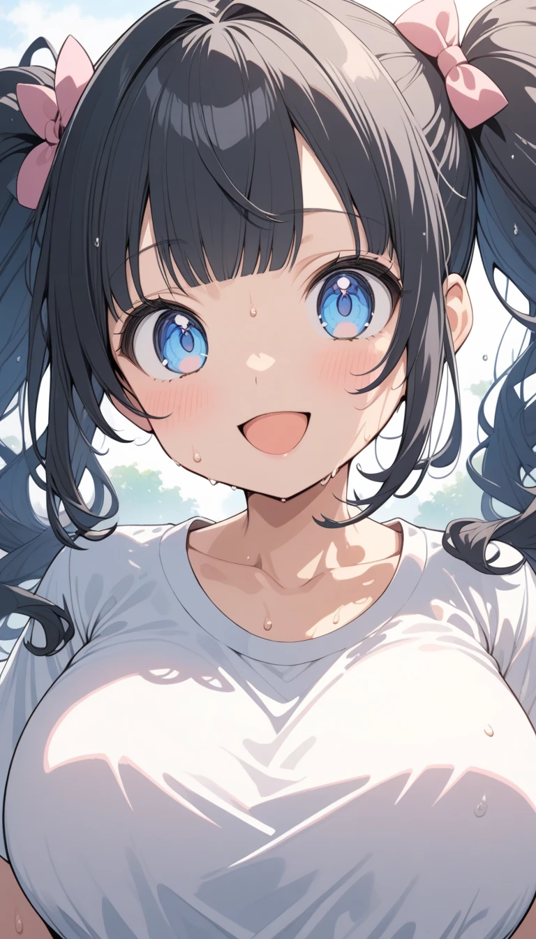  ANIME STYLE,  super detailed illustration ,  very detailed,  beautiful, 8k,

(12 Talents),  cute face, 、  super cute, open her mouth , smile, (T-shirt only)、 Big Breasts 
,pink and black hair , twin tails, short linear bangs, smile, blue eyes, Dynamic Angles 、(sweat)、( clothes are transparent )