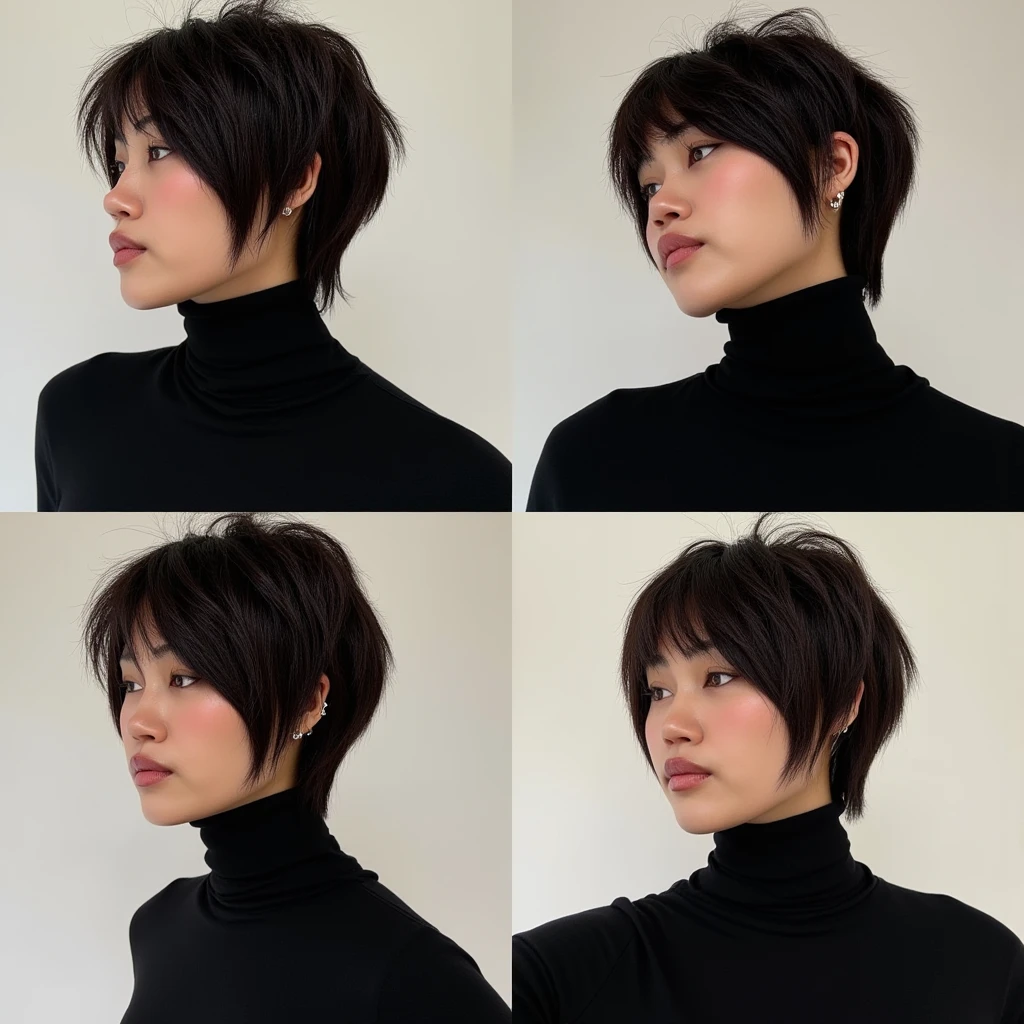 Contact sheet with 4 images of a woman with a messy short bob cut wearing a black turtleneck, , 