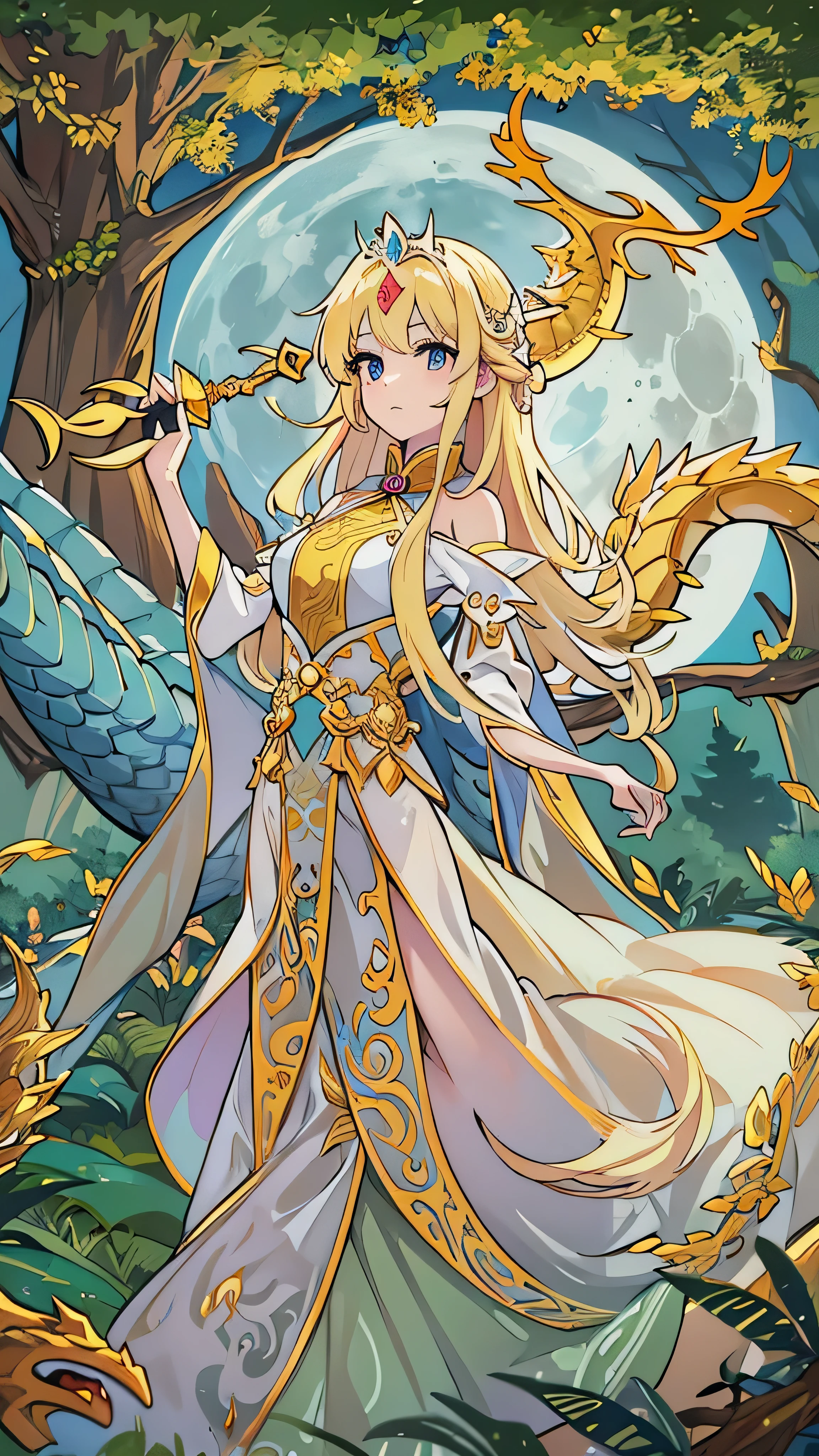  princess (Blonde,  is wearing a long dress,  holding a magic wand ), background (forest, moon), Chinese Dragon (One, Five-clawed golden dragon,  Two Wings ), Princess riding a dragon  