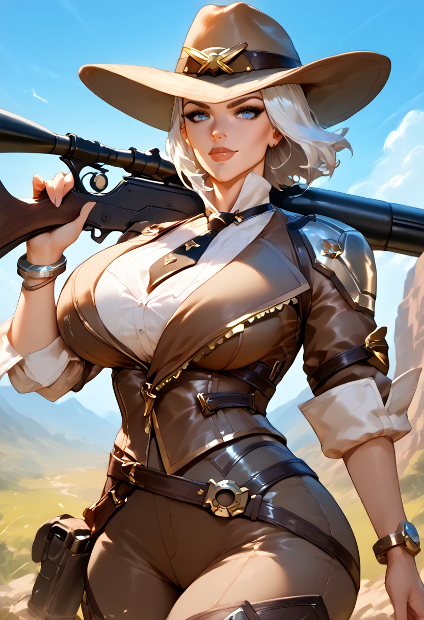 Tall, slim woman with huge breasts ,  short white hair and bright blue eyes
Dressed in a light brown cowboy suit with silver brooches and a light brown cowboy hat
He carries a sniper rifle on his shoulder and a leather belt with a silver buckle.
Confident and secure expression