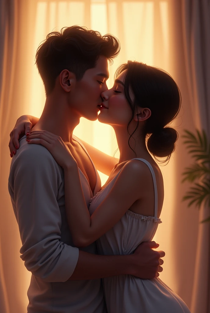 ,masterpiece, stunning realistic, photorealistic,sharpness, boy and girl,french kiss, couple kissing, tongue kiss, wet tongue, closed eyes,full body,standing in a classroom,many people in the background,big  ,