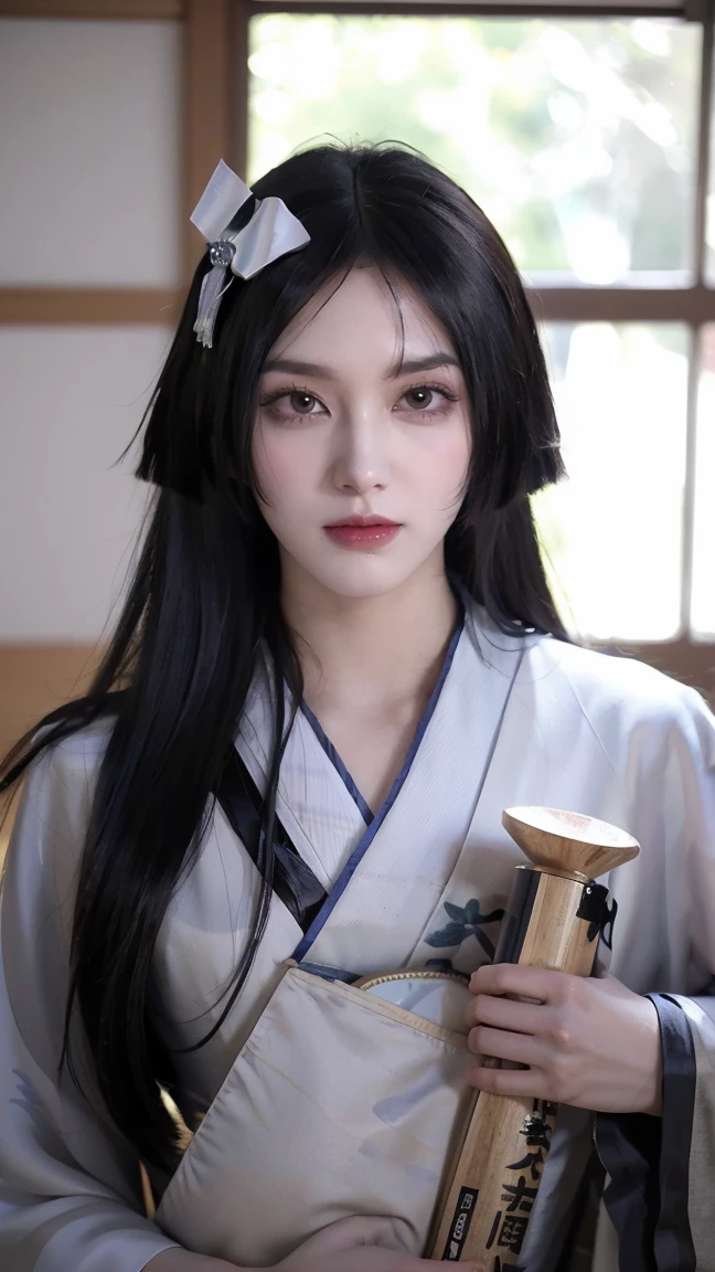 (masterpiece), best quality, HD, 4K, perfect face, black hair, hanfu, hairband, black long messy hair, arrogant assassin, geisha prostitution, muscular, knee, ABS collarbone, geisha, japan shoes, ocha tea, tatami background, Japan robe, servant, smiles, happy, scar on skin, humanity, tea cup on floor, ((((holding carrying an )))), , lips piercings, goth, eyelashes, legs, 