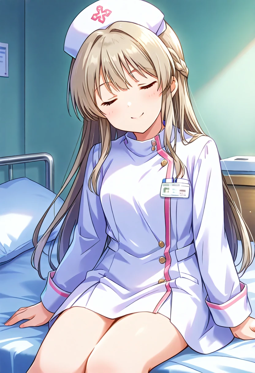 　front　　 lower angle 　　１ girls　 Nurse　 cute nurse clothes 　cute white coat 　 holding medical records with both hands　 skirt　smile　Peek into a person sleeping in bed