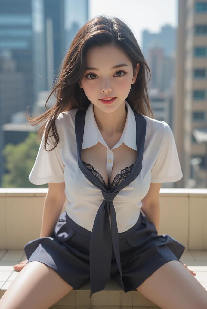 ultra highres,(reality: 1.4),highest quality, masterpiece, high detail, 16K quality, beautiful, 1 beautiful girl,japanese,super beautiful face,,japanese idol face,cute face,super detailed face,detailed hand,beautiful skin,sweaty skin,big eyes,smile,profeccional lighting,medium hair,black hair,brown beautiful eyes, naked on white shirt,open shirt,bare breasts,sitting with knee up,spread legs,(brown check skirt),(skirt lift),(((showing pussy))),(detailed pussy),medium breasts,black high socks,she is looking at the camera,skyscraper rooftop,blue sky,nsfw,from front,