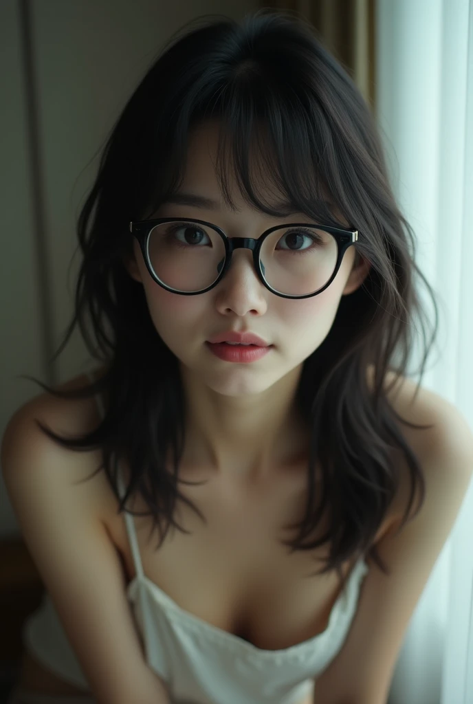 Top view、Super high quality、High resolution、high quality、Highly rated、最high quality、photograph、8k、Professional Lighting、Woman kneeling in front of man'Penis、(Woman kissing a penis)、Ahegao、Happy expression、Full nudity、Black Hair、Down style hair、Beautiful short bangs、Shortcuts、Hair Bun、Beautiful ioist lips、Wearing glasses、Black eyeshadow、Black eyeliner