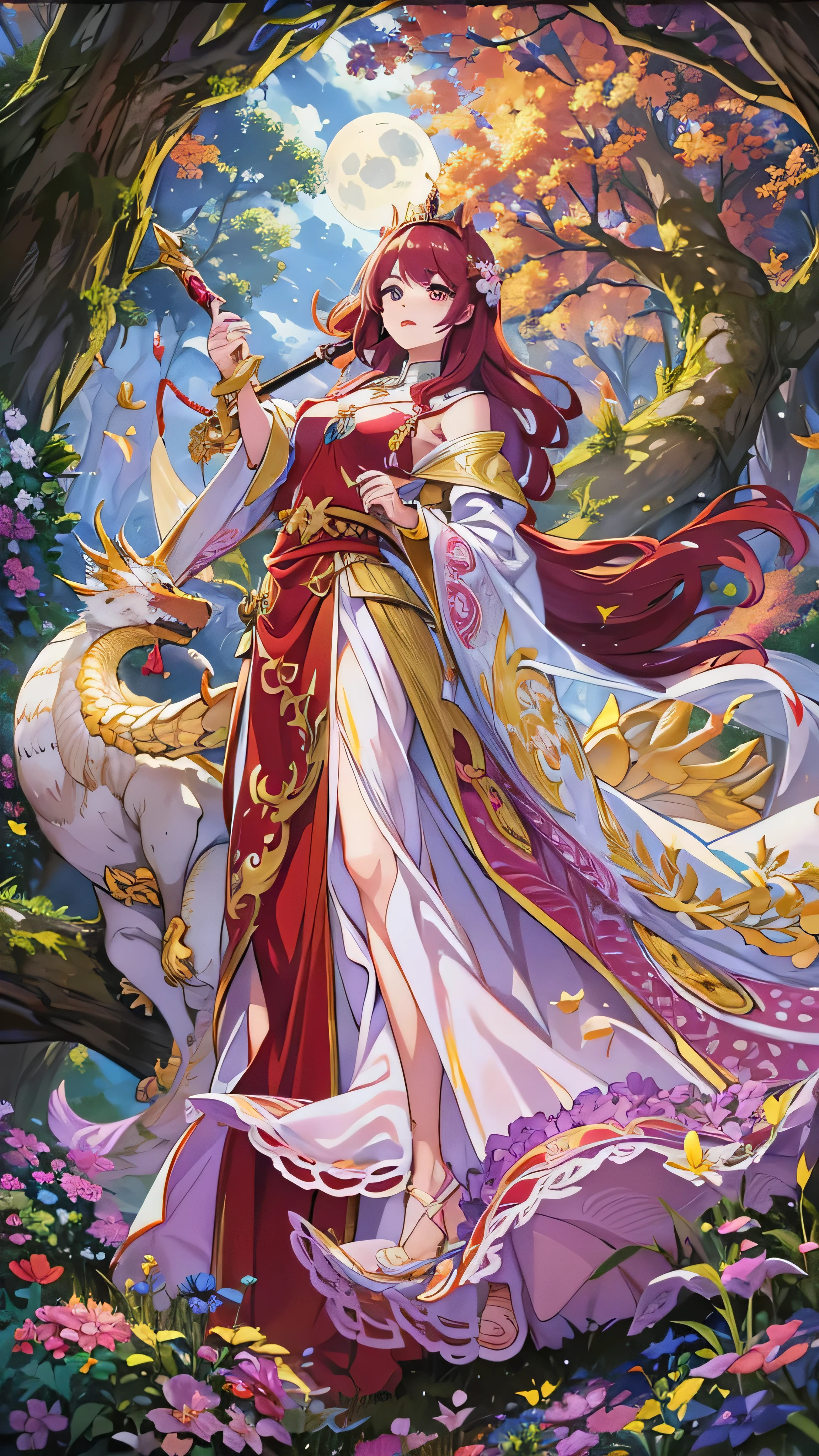  in high-definition images， princess ( maroon hair in the garden, I'm wearing a red long dress,  holding a magic wand ), background (forest, moon), Golden Dragon (One, Five-clawed golden dragon,  Two Wings ), Princess riding a dragon