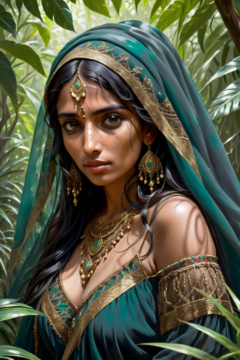 A gypsy woman with a veil ,  with a dark complexion and wiry hands hidden in a jungle. tez morena