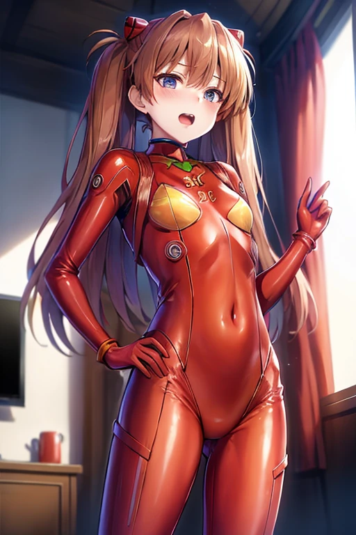 (( top quality )), ((masterpiece)), (be familiar with),  perfect face, indoor, bedroom, Watching viewers,
One woman,  Soryu Asuka Langley,
 open mouth,  ecstatic expression beside the piano, blush, smile,
 small tits,  flat chest, Young girl, Lori,  s,  girl,
 long hair,  twin tails,
Leg spread,