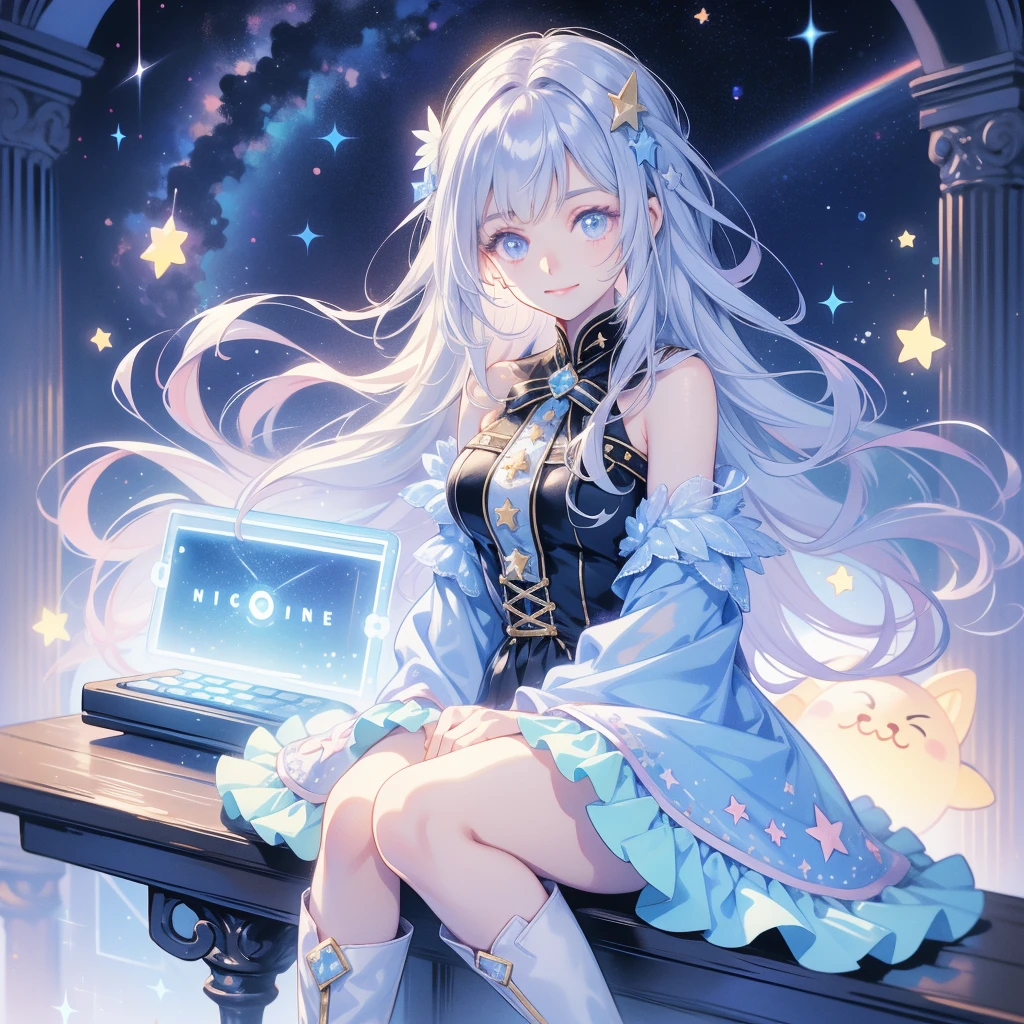 かわいいstarの妖精、 top quality 、masterpiece、 best combination 、 Perfect Anatomy、 full body frontal portrait 、Front、 sitting with the best smile facing the viewer、 One Girl , top quality 、masterpiece、 Official Art、 super detailed 、 very beautiful in a chair 、Cute starの妖精、 gray hair、 long straight hair 、 Milky Way、universe、star charm、star、、 knee-high boots, Magic Rim、Houndstooth、smile、Hope and expectation、blue purple marine neon light 、