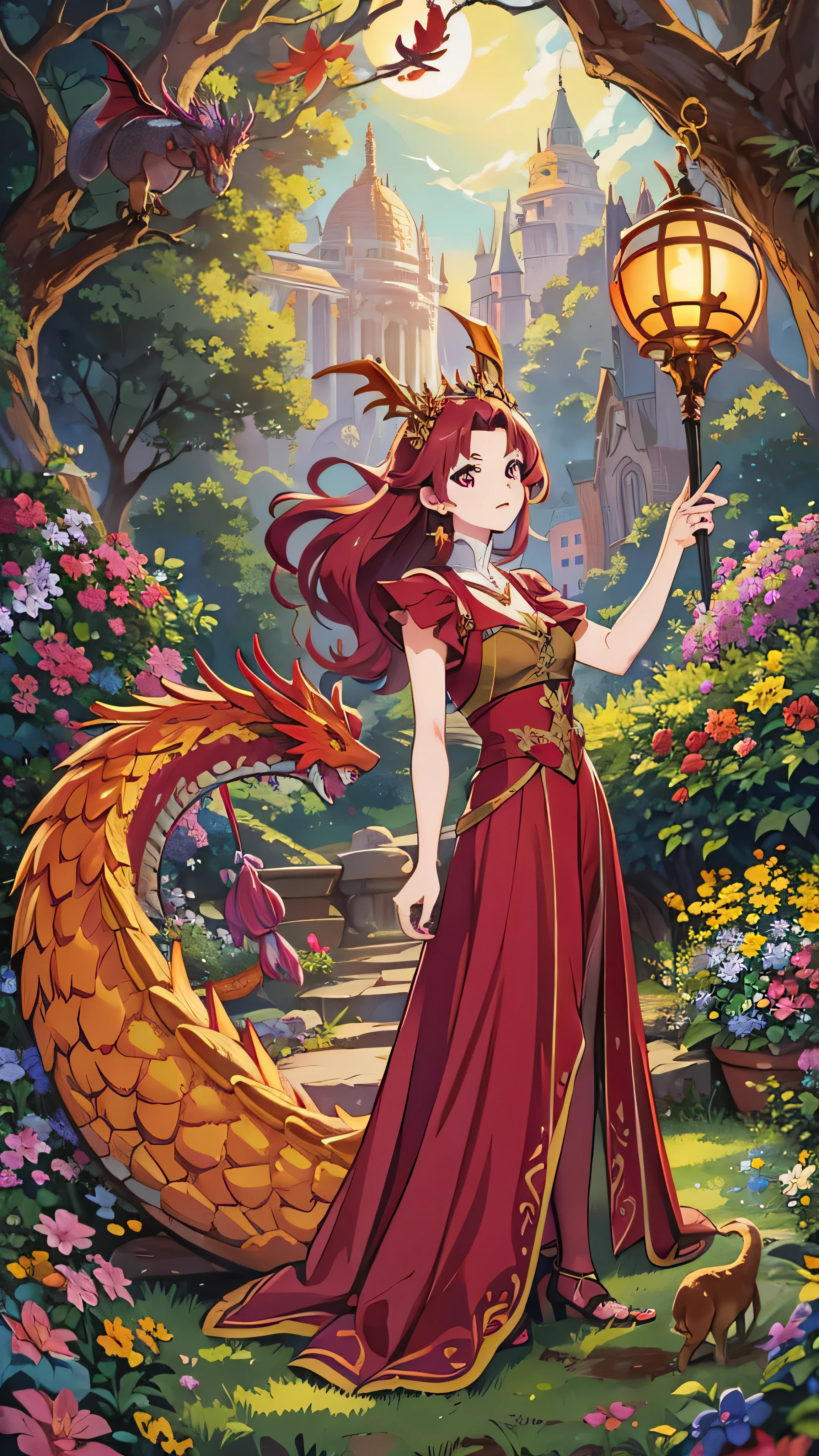  in high-definition images， princess ( maroon hair in the garden, I'm wearing a red long dress,  holding a magic wand ), background (forest, moon), Golden Dragon (One, Five-clawed golden dragon,  Two Wings ), Princess riding a dragon