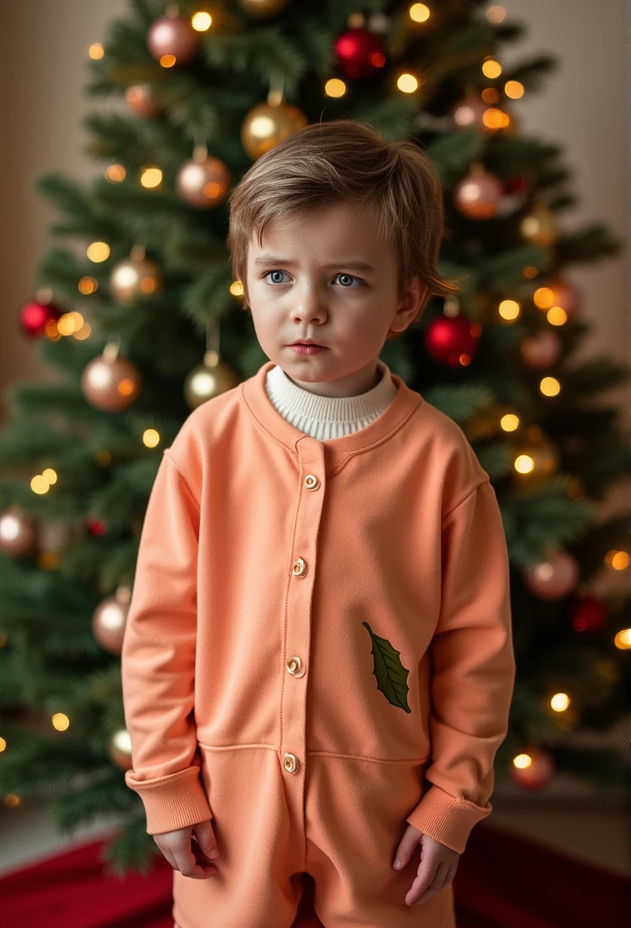  schoolboy, a white boy stands in front of a Christmas tree in a peach carnival costume, photo in retro 1940s style, color, Christmas, full length, peach costume, boy, big peach, lilamaddyson