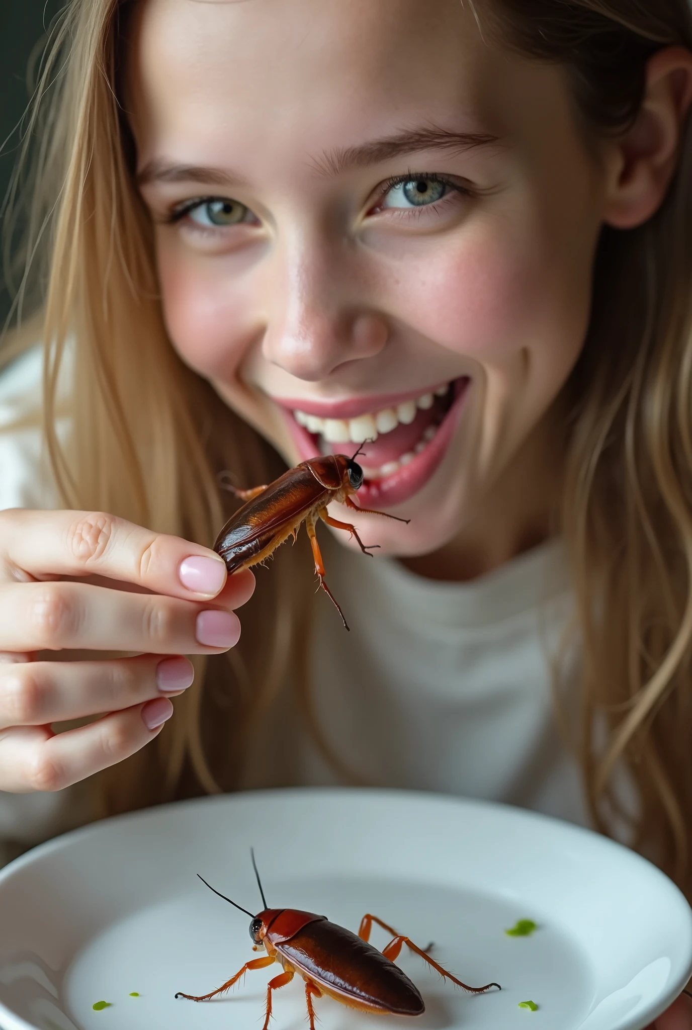 A grinning woman, kissing a huge cockroach