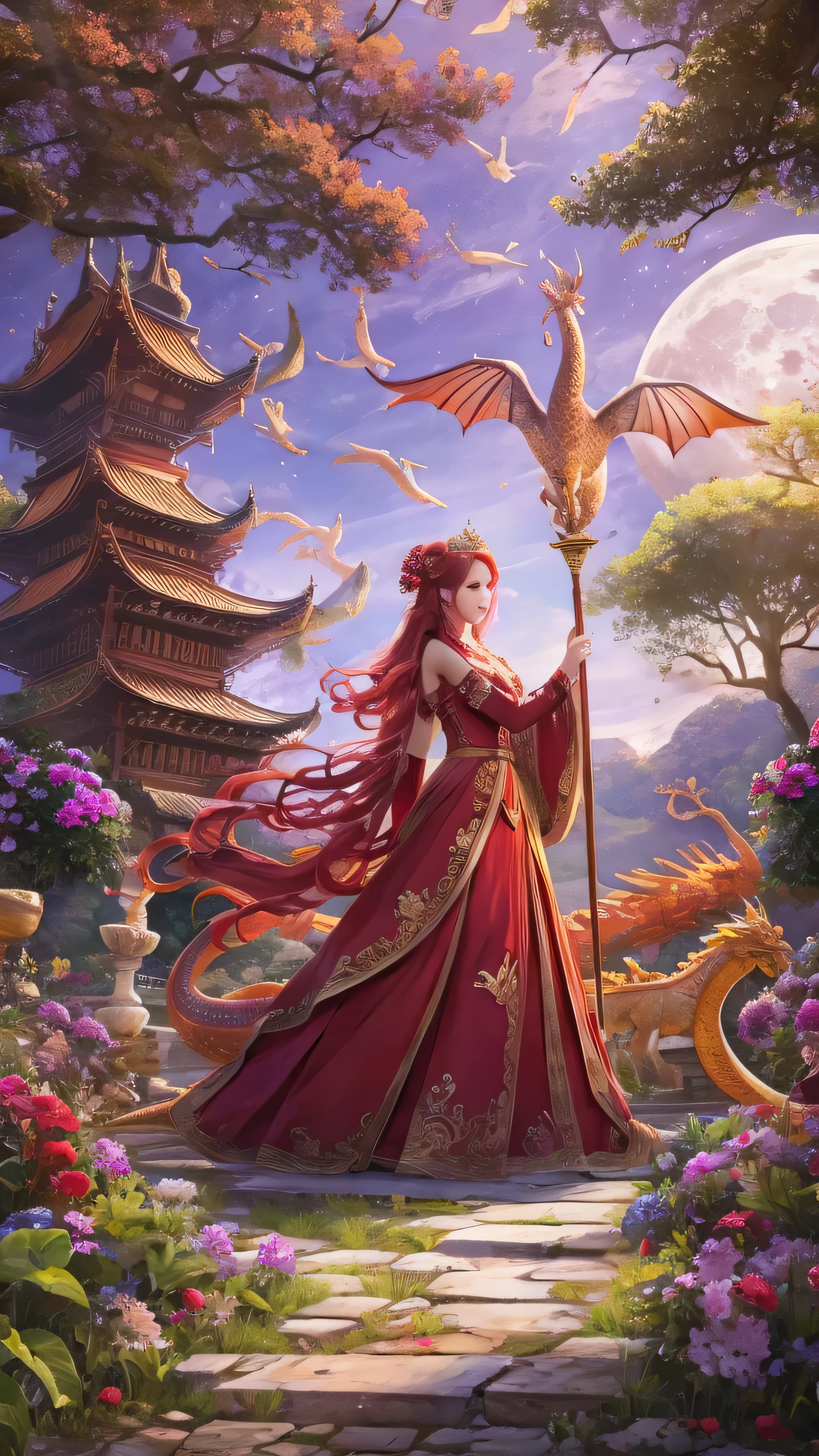  in high-definition images， princess ( maroon hair in the garden, I'm wearing a dark blue long dress,  holding a magic wand ), background (forest, moon), Golden Dragon (One, Five-clawed golden dragon,  Two Wings ), Princess riding a dragon