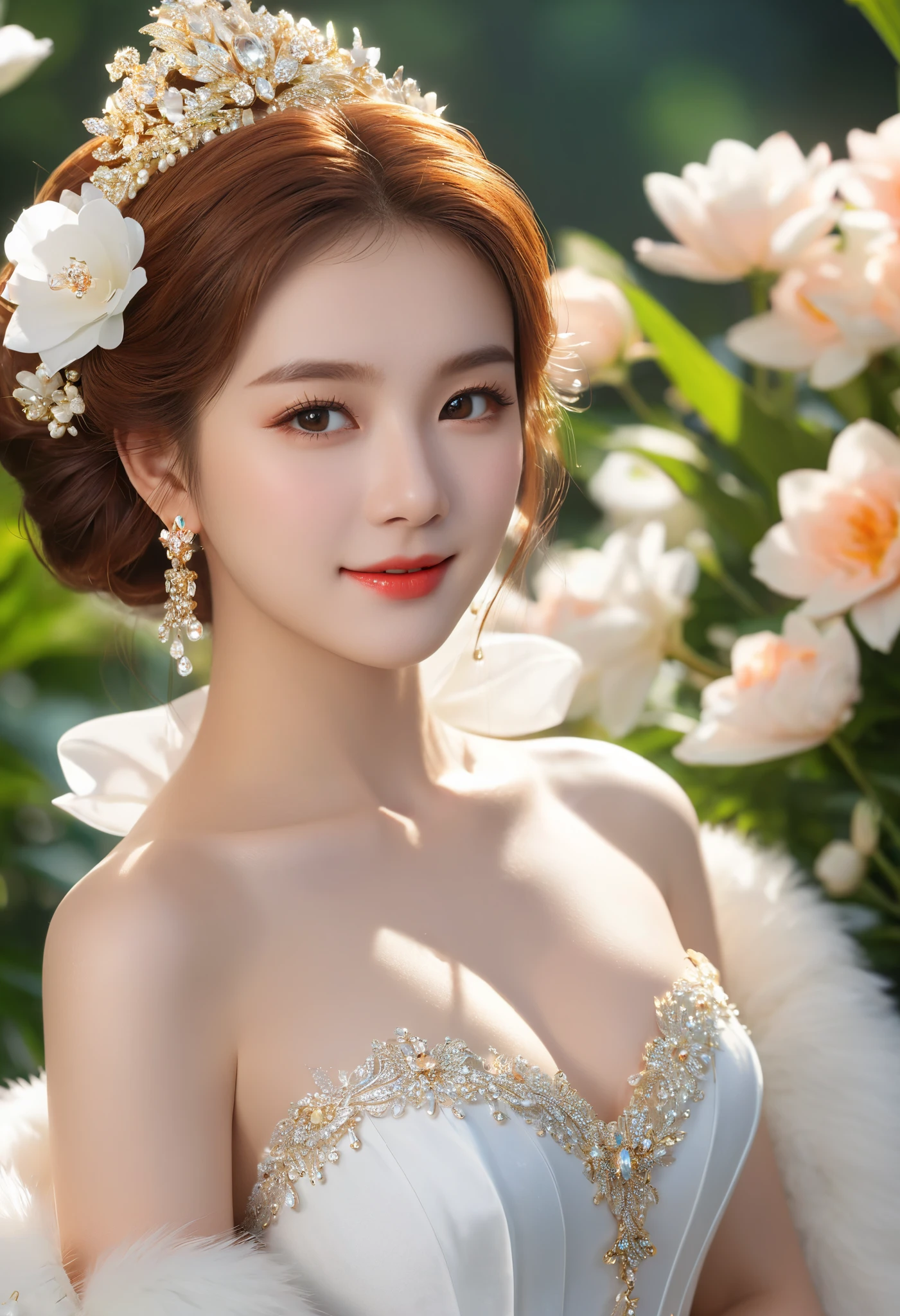Beautiful girl: Asia, super cute;
age: from 18-20 years old;
hair: copper orange color, smooth, shimmering under sunlight, detail;
skin: milk white, rosy and flawless;
eye: jet black, almond shaped, youthful, clear, super detailed, elegant, charming, high makeup solution, true, attract viewers;
eyelids: delicate beauty, perfect;
eyebrow: curved, close, high solution;
Face: beautiful, pure, like a fairy, Gentle makeup, lovely, perfectly balanced, beautiful in every detail;
nose: pretty, lovely, tall;
cheekbone: prominent;
lip: charming, light red lipstick, lovely lip gloss;
teeth: illustrious, Lily-white;
Charming smile, Show off your bright white teeth;
Body shape: full, charming, full of youth;
accessory: luxurious, fussily;
Costume: high-class, Modern 2024, silk fabric;
Image quality: non-, 8K CG HD, high solution, Super nice graphics, professional, detailed, colourful, ultrafine, advanced techniques, RAW true;
light: luxurious, complex color combinations, black gold rays;
sunlight: twinkle, illuminate the girl's body;
backdrop: brilliant flower garden, brilliant light; ((Full body shot, Masterpiece)), ((full ))