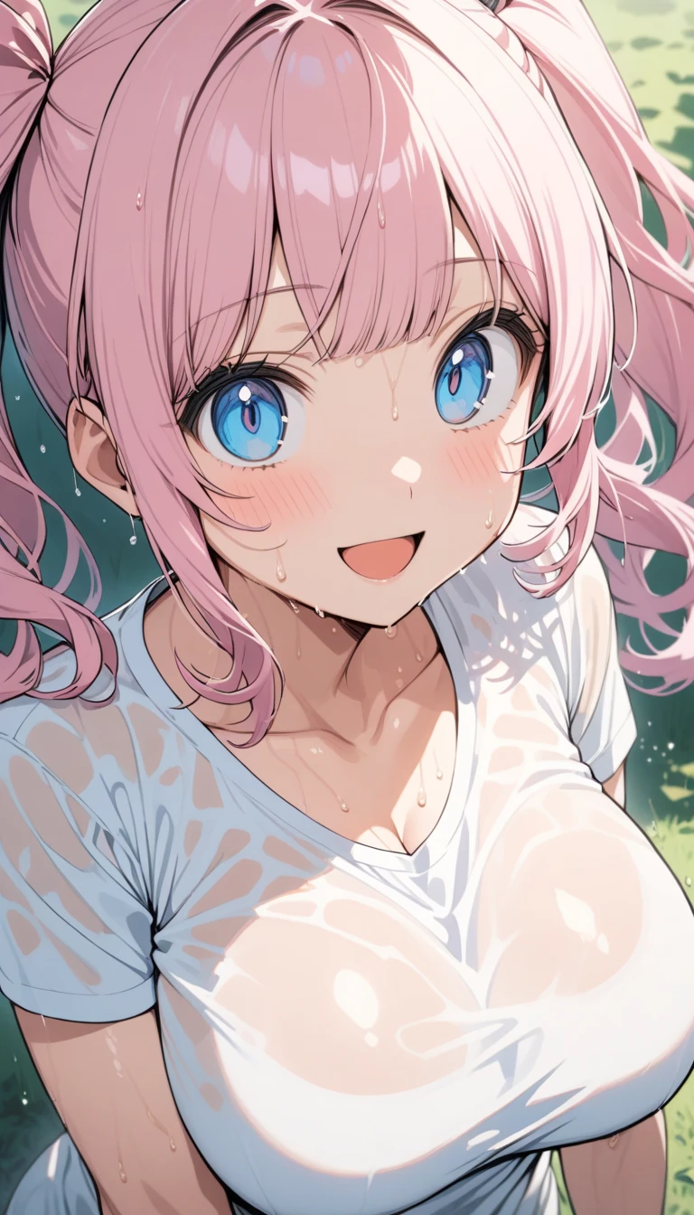  ANIME STYLE,  super detailed illustration ,  very detailed,  beautiful, 8k,

(12 Talents),  cute face, 、  super cute, open her mouth , smile, (T-shirt only)、 Big Breasts 
,pink and black hair , twin tails, short linear bangs, smile, blue eyes, Dynamic Angles 、(((sweat)))、 no bra、 no panties、 cleavage、 Wet and See-Through Clothes 