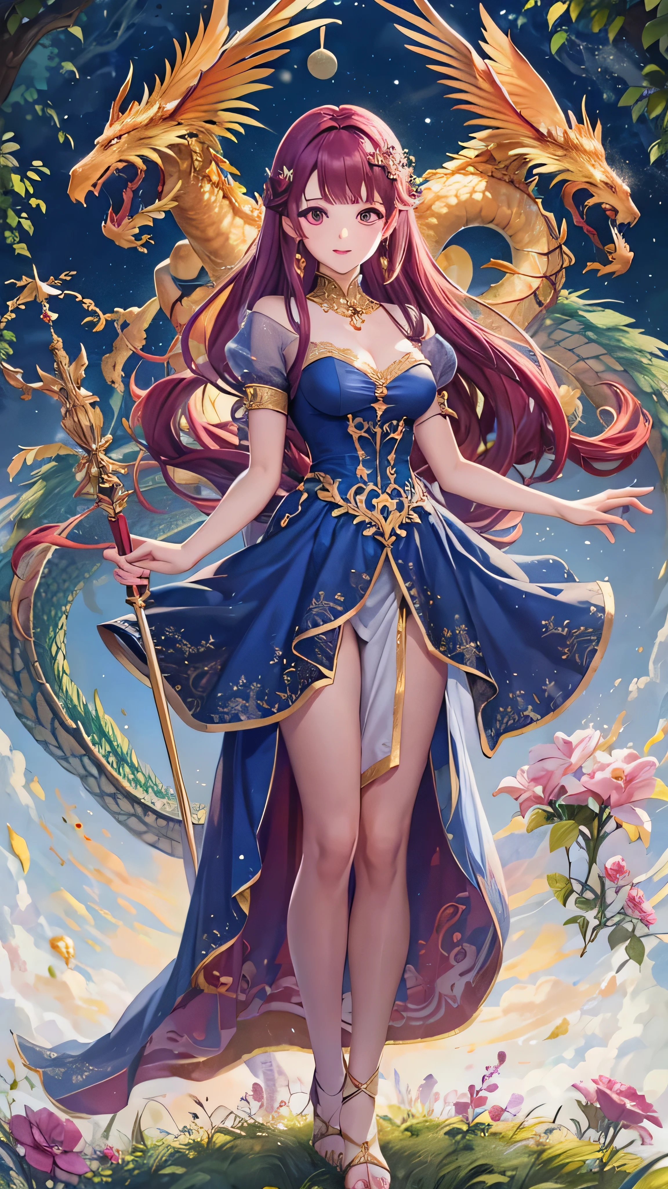  in high-definition images， princess ( maroon hair in the garden, I'm wearing a dark blue long dress,  holding a magic wand ), background (forest, moon), Golden Dragon (One, Five-clawed golden dragon,  Two Wings ), Princess riding a dragon