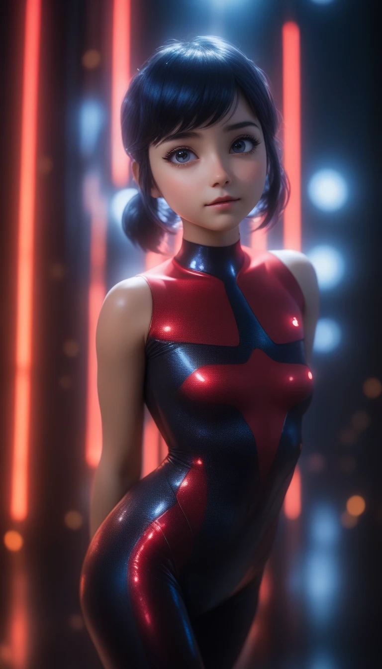 High detail RAW color, full body shot, Marinette Dupain-Cheng in (euphoria:1.0), dark makeup, (dramatic, mysterious, symmetrical background, lightshafts, dark:1.2), bokeh, shallow focus, f2, 85mm, (backlit:1.1), serious, moody, red ladybug chrome bodysuit, eos, skin_pores, 8k high definition, high detail eyes, highest quality, skin texture, masterpiece, best quality, 8k, cinematic lighting, (sharp focus:1.2), HDR, beauty, ultra-detailed, amazing,