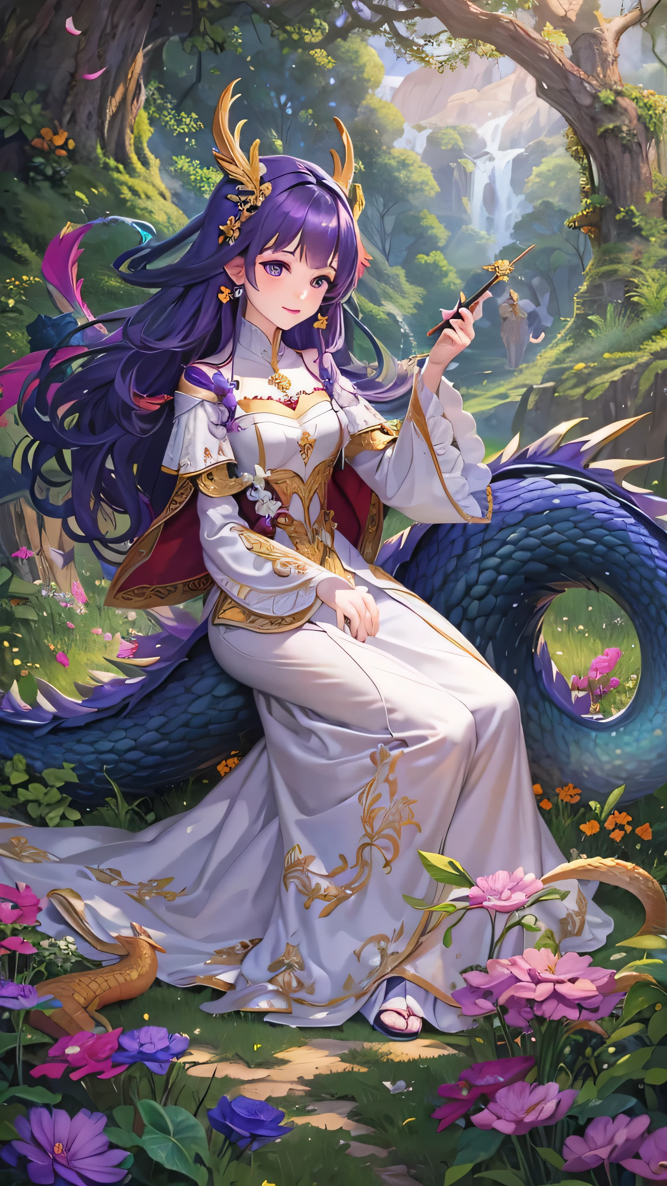  in high-definition images， princess ( maroon hair in the garden, I'm wearing a red long dress,  holding a magic wand ), background (forest, moon), Golden Dragon (One, Five-clawed golden dragon,  Two Wings ), Princess riding a dragon