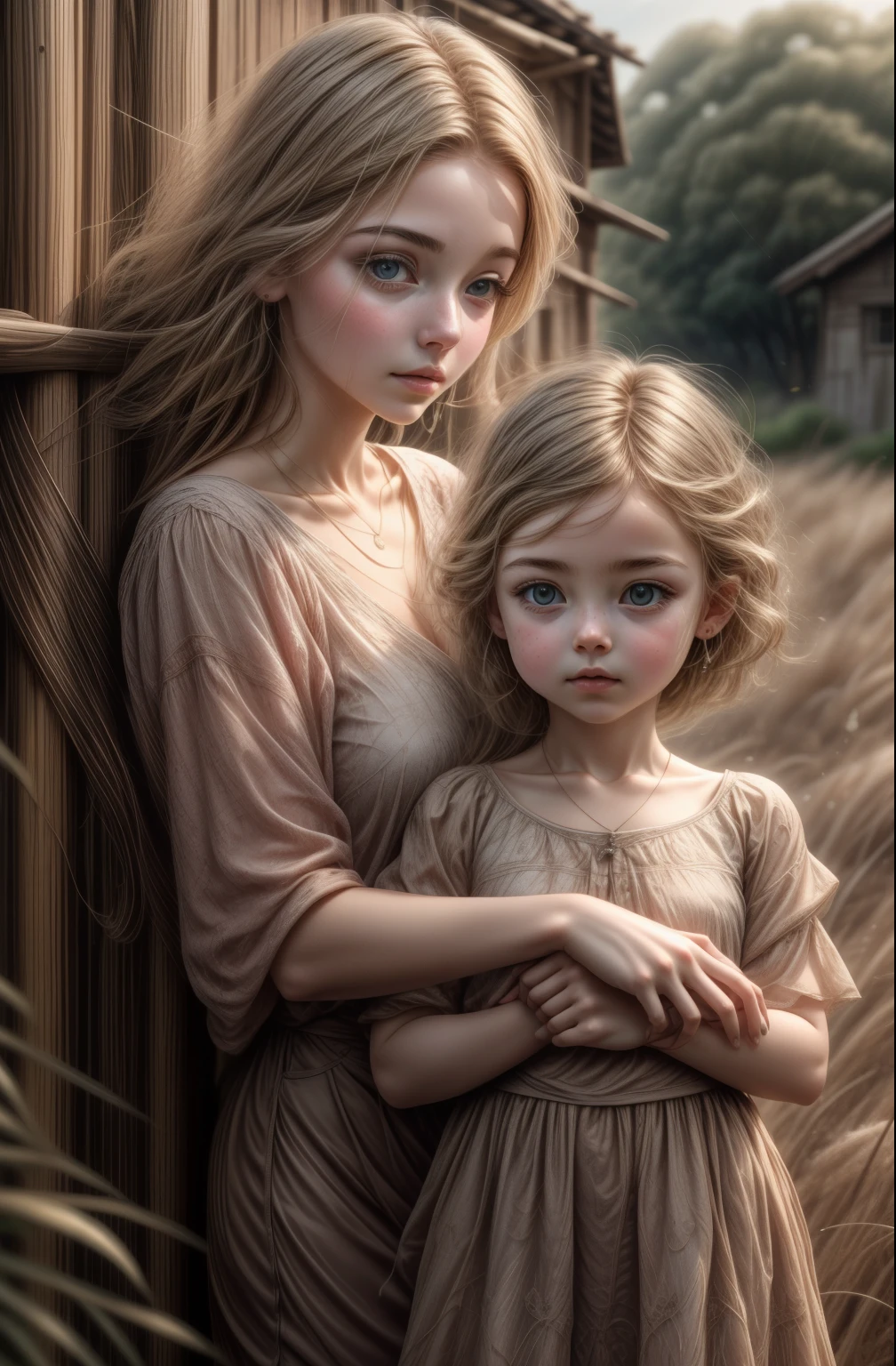 a woman with blond hair accompanied by her daughter a girl working in the field