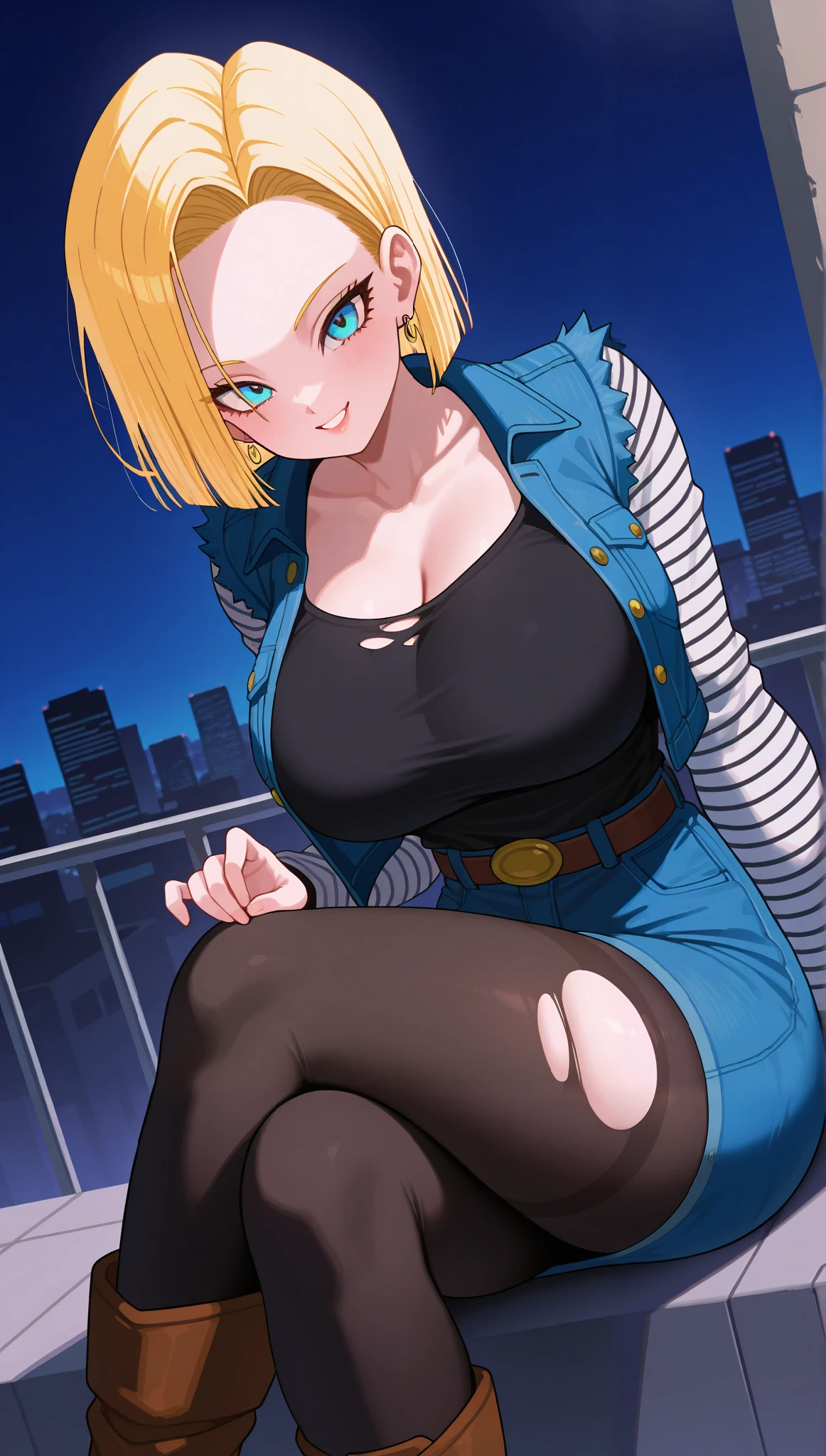 (masterpiece), (portrait), big breasts (aesthetics), ((1 female 21 years old)), Highlight earrings), ((short hair)), ((Hot crystal blonde hair)), ((Android 18)) straight hair, thin eyes open, blue eyes, cute, naughty, malicious smile, woman, feminine, beautiful, female features, top, high quality, aesthetic clothing, professional angle, (rule of thirds), (feminine), , (beautiful) , (female ) features), solo, (Korean attractive), summer, (ink haze), (afternoon), (vibrant light), seductive posture, ((face looking forward))), Android 18, denim jacket, denim skirt, boots, torn black tights, striped sleeves blouse, black strap t-shirt, jeans, sensual ((Energy)), (Bold Makeup), (Big Breasts), Fair Skin, (Clothes with Hip Hop Details), (a hot Android 18, sculptural body, sexy pose), (Sleep Neckline), Beautiful Hands, Body beautiful, beautiful ears, beautiful eyes, bright eyes, beautiful mouth, beautiful lips, sitting, crossing legs, city destruction