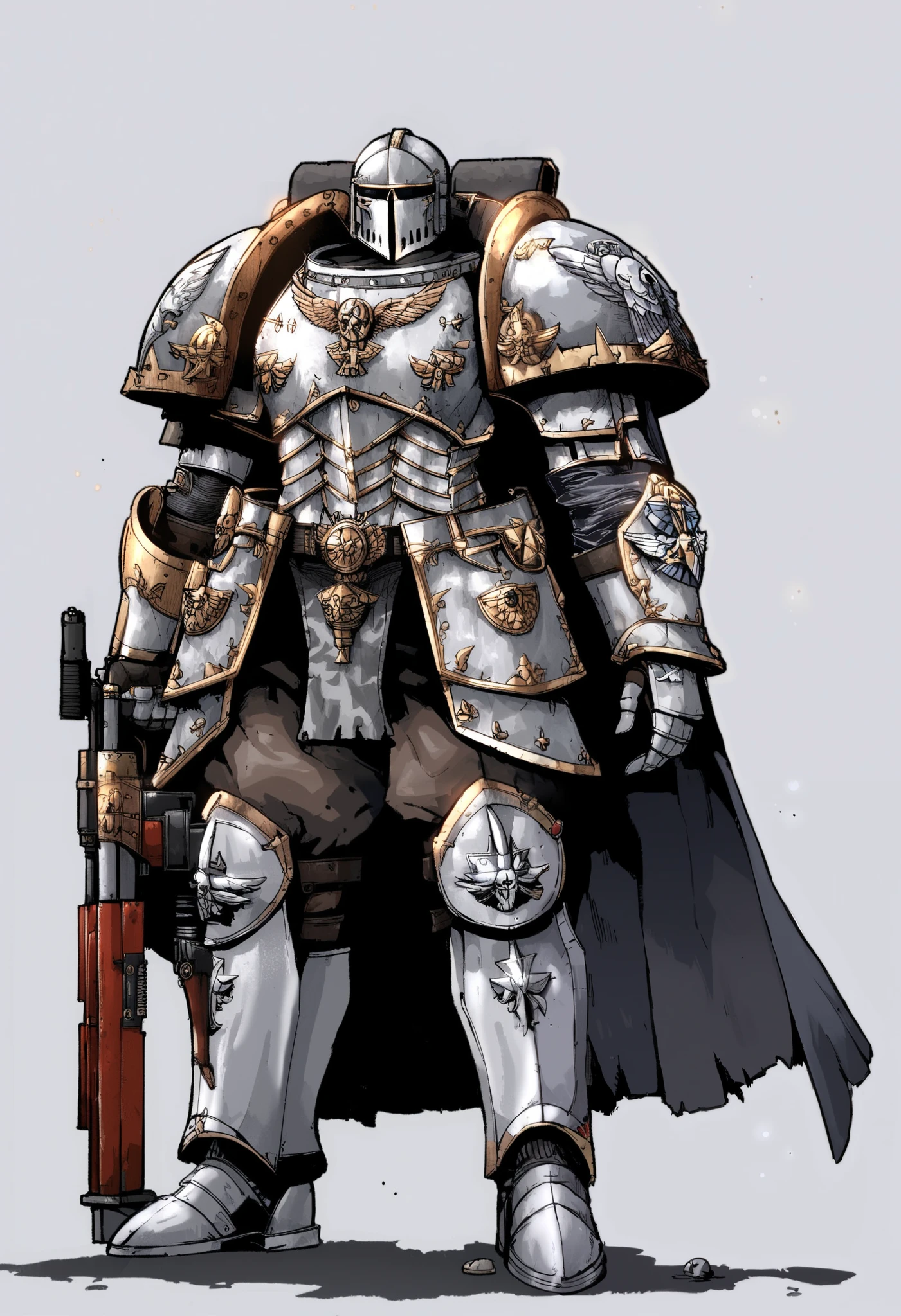 Anime, Concept art, Absurd resolution, high resolution, (masterpiece: 1.4), hyper-detail, warhammer 40k terminator armor, Juggernaut armor, heavy armor, knight, crusader, holding weapon, holding halberd, holding crossbow, full body, glowing weapon, cloak, silver armor, edgy, grimdark, octosoup,