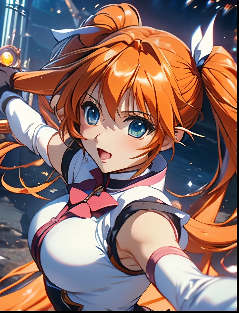 （（（ＳＦＷ、Precision、Highest quality、A first-class masterpiece、Normal body、8k、  Detailed Face 、Ultra-precision、 Normal hand、５refer to、Highest）））、"Magical Girl Lyrical Nanoh"、Tiana Lanster、Orange Hair、 twin tails、、Big Breasts、 Magical Girl 、Dual pistols