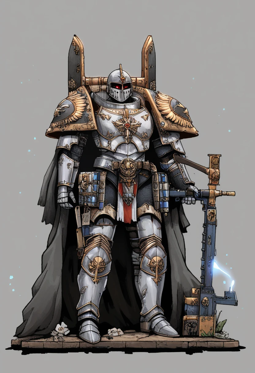 Anime, Concept art, Absurd resolution, high resolution, (masterpiece: 1.4), hyper-detail, warhammer 40k terminator armor, Juggernaut armor, heavy armor, knight, crusader, holding halberd, holding crossbow, full body, glowing weapon, cloak, silver armor, edgy, grimdark, octosoup, 1man, 