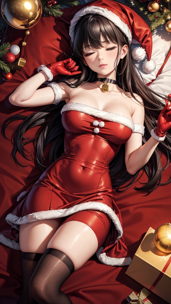 Hinata Hyuga in Christmas clothes, extremadamente realista, sexy, gran culo, piernas gruesas, physical fitness, ropa roja de navidad, Santa Claus Hat, ropa con lindos detalles en blanco, regalos, trineo en el fondo, pinos en el fondo