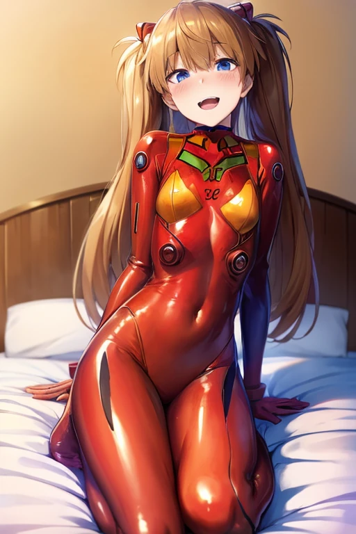 (( top quality )), ((masterpiece)), (be familiar with),  perfect face, indoor, bedroom, Watching viewers,
One woman,  Soryu Asuka Langley,
 open mouth,  ecstatic expression beside the piano, blush, smile,
 small tits,  flat chest, Young girl, Lori,  s,  girl,
 long hair,  twin tails,
Leg spread,