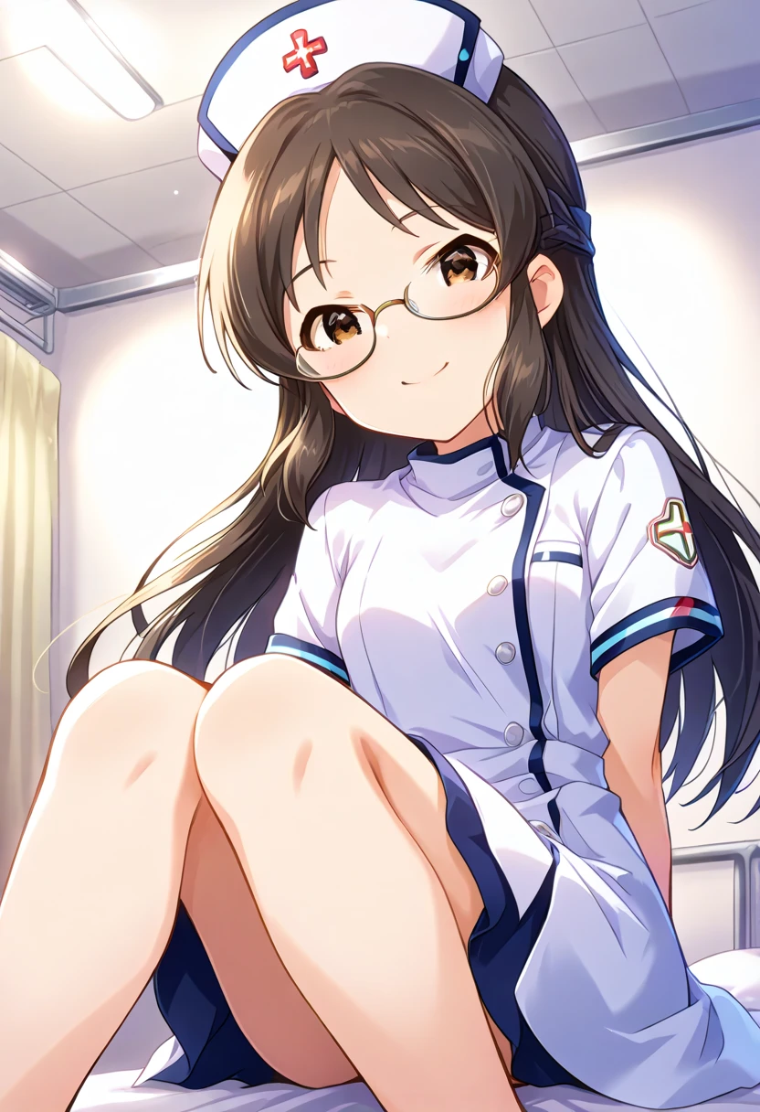  shot from the ground holding a board with both hands　front　 standing　 lower angle 　　１ girls　 Nurse　Angel in White　 cute nurse clothes 　cute white coat 　Woman holding a board with both hands 　Glasses　 skirt　 gentle smile　 Angelic Smile　Tachibana Arisu 　Million Live　 hospital bed 　 top quality ,   Masterpiece ,  super high res,　  beautiful legs　Beautiful upper body
　Beautiful lower body　　
Two perfect legs　 perfect five fingers beautiful eyes detailed eyes detailed face young face