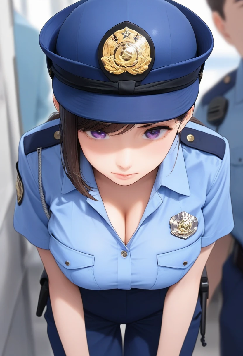 best quality,masterpiece,large breasts,purple eyes,dark brown hair,light blue shirt,blue pants,1girl,police hat,,breast pocket,swept bangs,mature