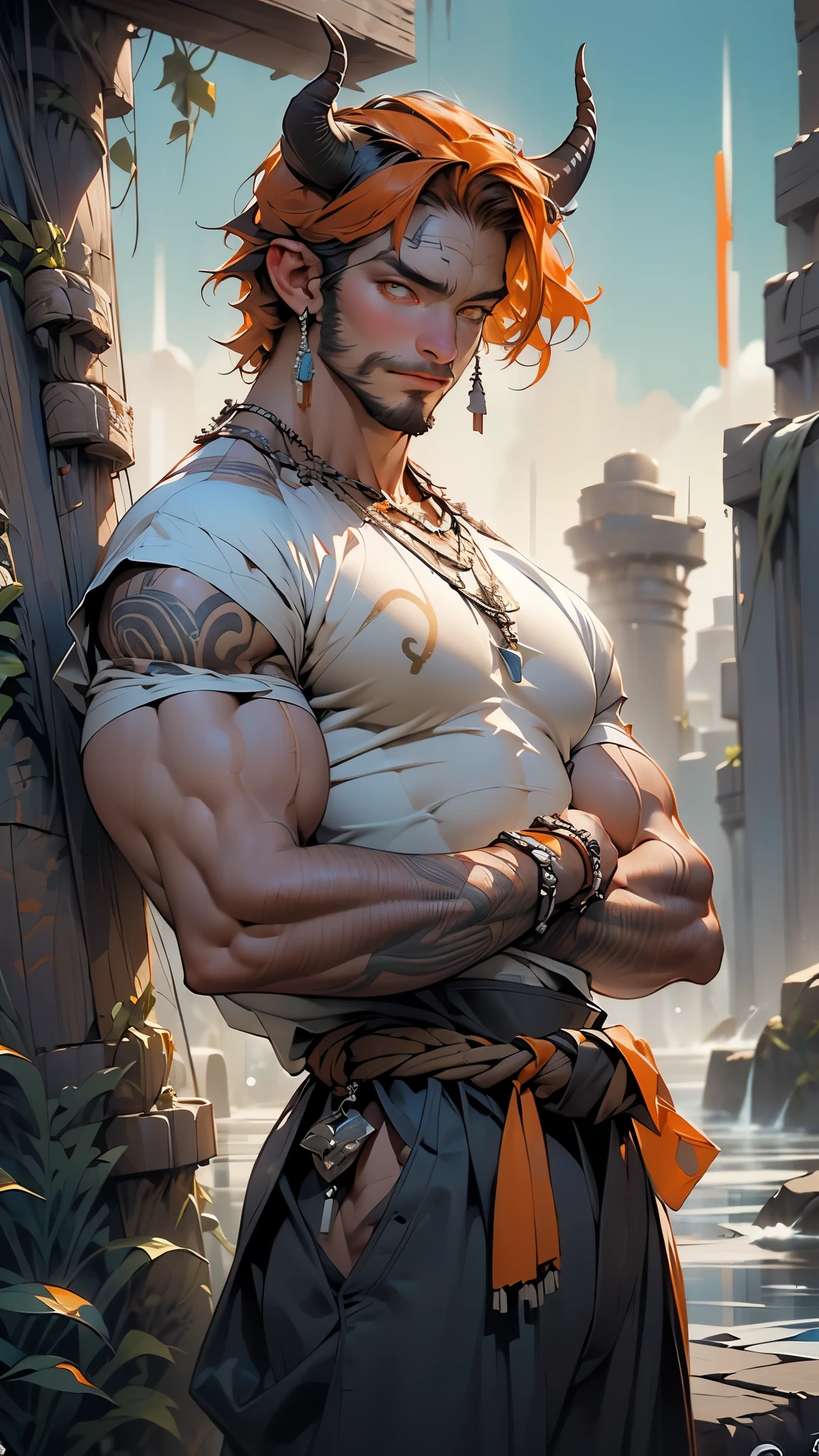 (((bull's head man))),A bull-faced man with his arms crossed,(((mythological minotaur))),((Bull horns:1.5)),((exaggerated muscles,exaggerated shoulders,very muscular and huge)),man chest,(((bull face))),((((muscular,muscular bull man,tall,big biceps,abs,big thighs,broad shoulders,open chest)))),animal man,(anthro furry:1.2),((red hair)),(((orange_eyes:1.3))),intricate eyes,beautiful detailed eyes,symmetrical eyes,
Genetic mutation of a half man half minotaur,
Man with an imposing bull's head adorned with ((horns)) and deep, athletic,young,
(black linen tunic, himation),((bulge in tunic)),(loincloth),((tribal clothes:1.5)),(barbarian fur crop top),(wearing brown furs and hides),(leather straps),((intricate outfit,intricate clothes)),
((mountain)),scenery:1.25,((intricate scenery)),((mountain background)),(Glossy tribal ornaments),
highres,sharp focus,(ultra detailed,extremely detailed),(photorealistic artwork:1.37),(extremely detailed CG unity 8k wallpaper),(((vibrant colors,vibrant theme))),(intricate),(masterpiece),(best quality),artistic photography,(photography taken by sldr),(intricate background),perfect rendered face,perfect face details,realistic face,photo realistic,((intricate detail)),(((realism))),