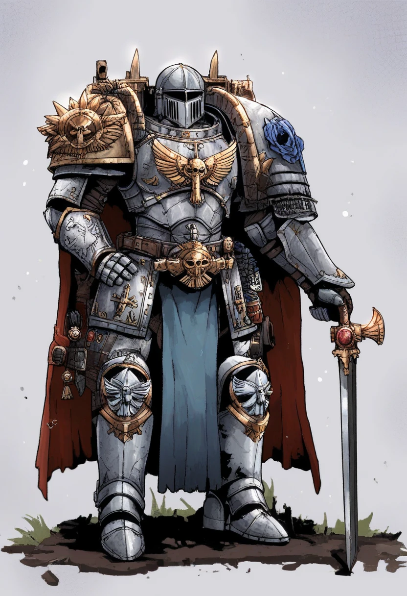 Anime, Concept art, Absurd resolution, high resolution, (masterpiece: 1.4), hyper-detail, warhammer 40k terminator armor, Juggernaut armor, heavy armor, knight, crusader, holding halberd, Halberd: 1.5, full body, glowing weapon, cloak, silver armor, edgy, grimdark, octosoup, 1man, bulky, buff, scary,