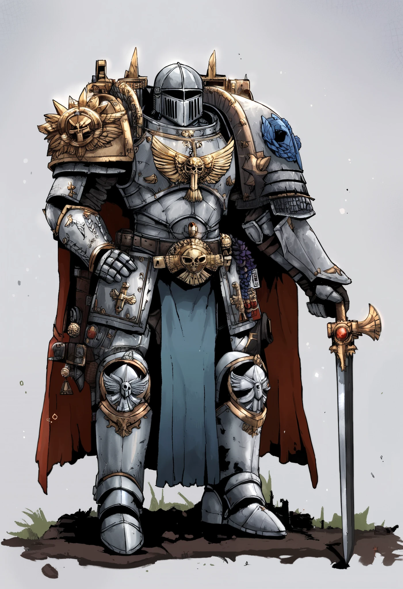 Anime, Concept art, Absurd resolution, high resolution, (masterpiece: 1.4), hyper-detail, warhammer 40k terminator armor, Juggernaut armor, heavy armor, knight, crusader, holding halberd, Halberd: 1.5, full body, glowing weapon, cloak, silver armor, edgy, grimdark, octosoup, 1man, bulky, buff, scary,