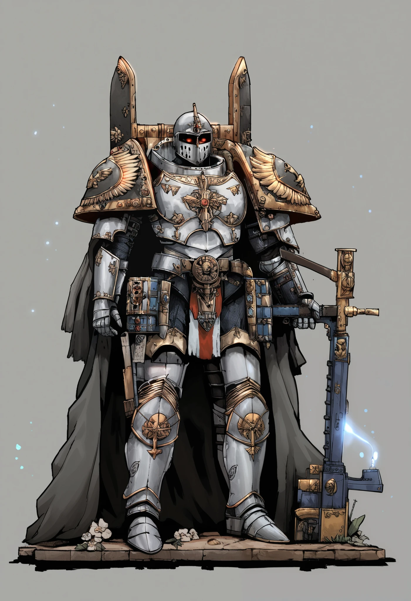 Anime, Concept art, Absurd resolution, high resolution, (masterpiece: 1.4), hyper-detail, warhammer 40k terminator armor, Juggernaut armor, heavy armor, knight, crusader, holding halberd, holding crossbow, full body, glowing weapon, cloak, silver armor, edgy, grimdark, octosoup, 1man, 