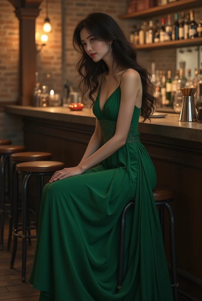 Female supermodel. Green evening dress. Dim, soft lighting. Sunset. Sunset. Café Planetaria Tokyo, Japan.