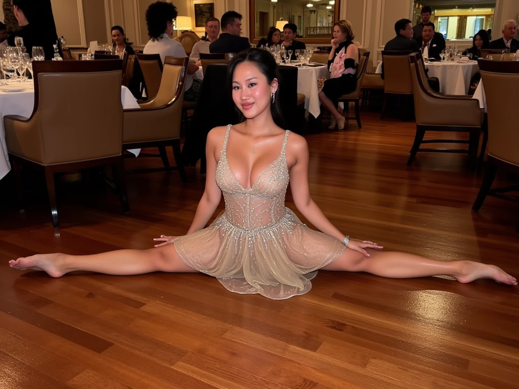 woman doing a split on the floor. her legs spread end to end on the ground. she is flexible and doing a full split. she is at a fancy restaurant wearing fancy elegant dress with cleavage and push up bra. ambient lighting, instagram photo. smiling to the camera