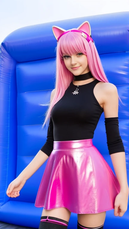  teenager with pink hair ,  slim model , pink leather korsett , tüll skirt pink ,  leather arm warmers blue,  knee-high leather boots, Cat ears, bouncy castle, kniend 
