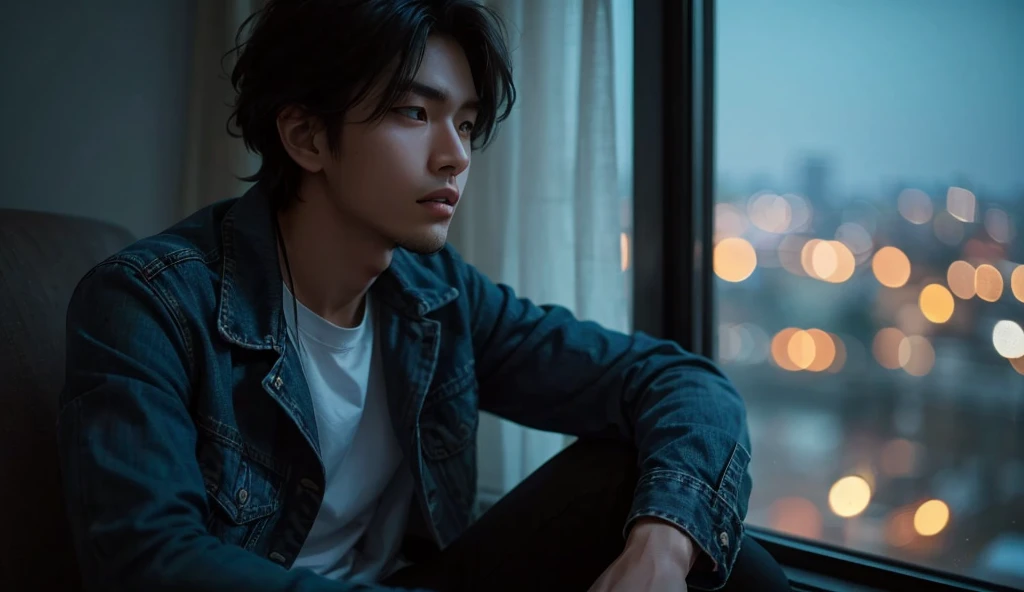  Handsome Japanese Men Like Models (22 years old):  Casual , Contemporary look.   wearing a denim jacket over a plain t-shirt while imagining  ,  dark jeans ,  sneakers.  while imagining his medium length slightly wavy hair and light stubble、Casting shadows on the face。, Contemplative expression .ヴィクラム sitting by his window at home,  teeth、 looking at the city lights in the distance 。.  room teeth dark , 。however、 faint glow through a window  ,  teeth、Anjali , I'm pensive .