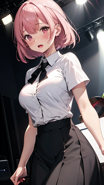 ((Lift up pleated skirt)),(Show your chest),(Pink nipples),(Big Breasts 1:2),black tights,White pleated skirt,Large sweater,Waistline,Looking up,My crotch is so wet,blush one's cheeks,Beautiful woman with pink hair,