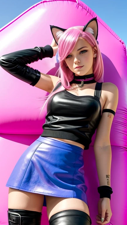  teenager with pink hair ,  slim model , pink leather unterbrustkorsett , tüll skirt pink ,  leather arm warmers blue,  knee-high leather boots, Cat ears, bouncy castle, rope in hand, sitzt auf ballon