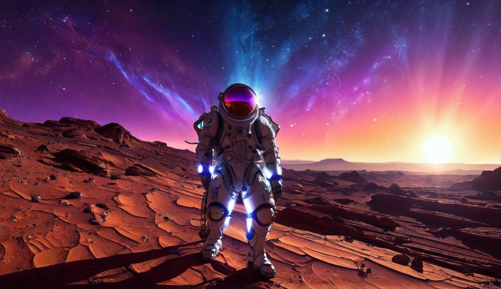 "An astronaut standing on the desolate surface of an alien planet, surrounded by undulating rocky terrain covered in a thin layer of red dust. The sky displays an unusual gradient of purple and orange hues due to the alien atmosphere, with a massive gas giant dominating half the sky, illuminated in dreamy blue and white cloud bands. The astronaut is clad in an advanced, streamlined spacesuit reflecting the alien light, holding a multifunctional tool for geological sampling or equipment inspection. The scene is lit by two suns from a binary star system, casting long shadows and creating a unique interplay of light and shadow. Alien flora with crystalline structures scatter around, shimmering in the sunlight, and some have sharp, blade-like leaves to capture dust and microorganisms, while others have large, glowing flowers that emit light and sound to attract alien insects. The alien creatures have metallic skin that reflects the environment for camouflage, with complex body structures and multiple joints for agile movement. They interact with the flora, forming a symbiotic relationship. The entire scene is rich in color contrast yet harmoniously unified, evoking a sense of wonder and excitement for exploring the unknown."