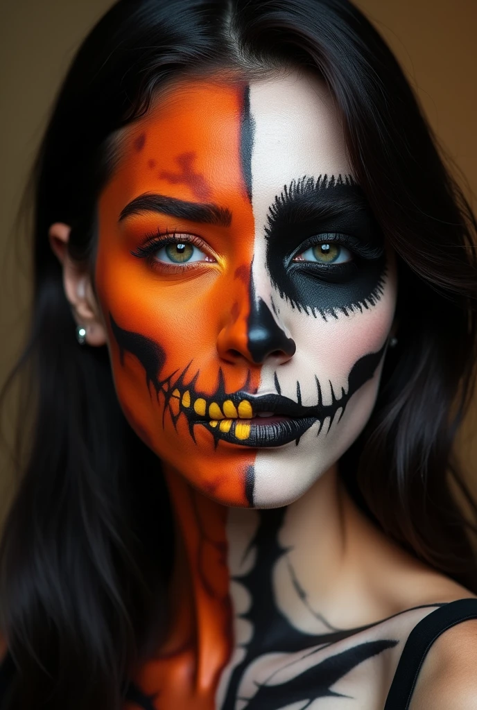 A beautiful woman with black and orange makeup on her face, Halloween makeup on half of one side of her head is an open skull with a pumpkin carved into it. The other side has normal dark eyeliner makeup. Glamorous Los Angeles style, ethereal, photorealistic, smile and wink