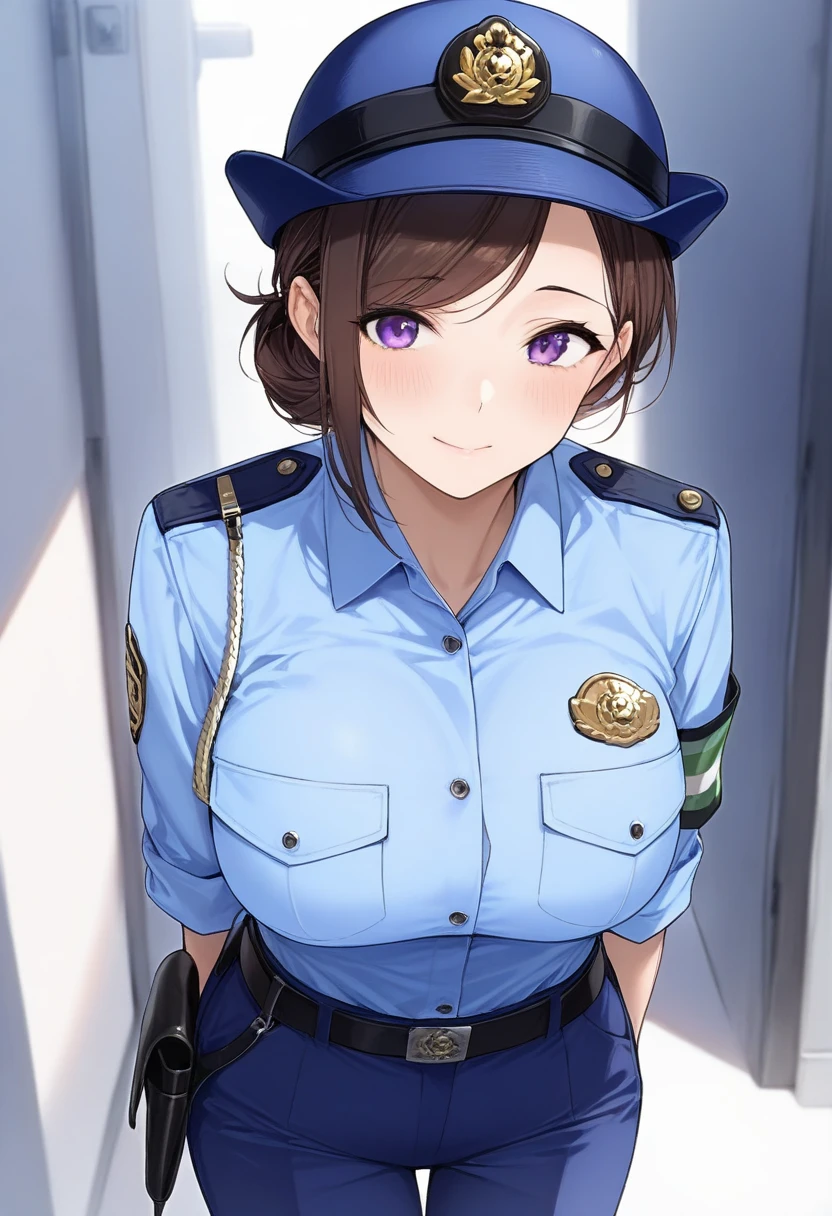 best quality,masterpiece,large breasts,purple eyes,dark brown hair,light blue shirt,blue pants,1girl,police hat,,breast pocket,swept bangs,mature