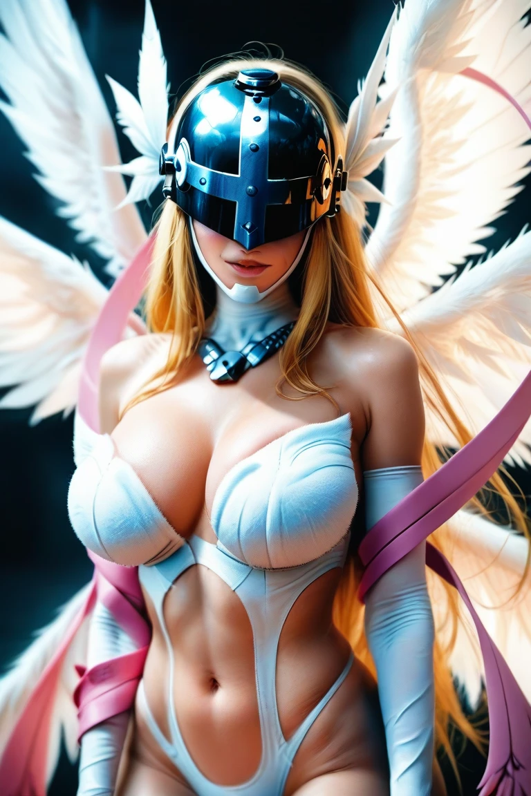 angewomon, topless, (very very large breasts))), outdoors, walking in a forest, winter, snow, clear sunny day, whole body, full figure, (((helmet covering eyes))), topless, large breasts, (((white angel wings))), white skin, blonde, angel wings, pretty face, helmet over eyes